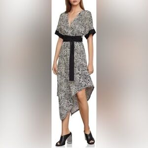 BCBGMaxAzria Black and Beige Asymmetrical Leopard Wrap Dress